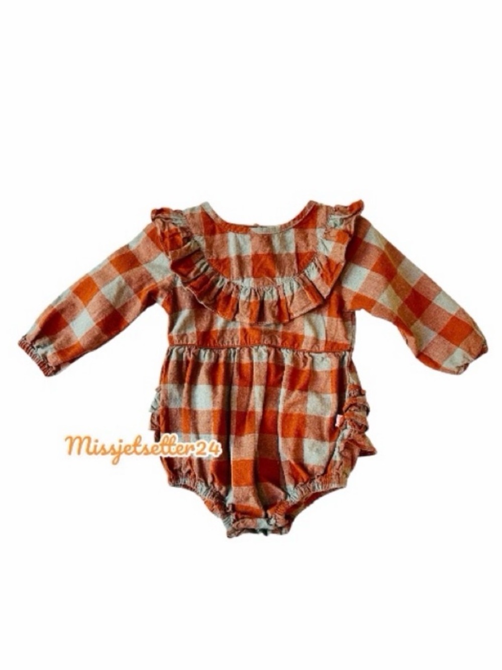 EUC Ruffle Butts Hadlee Plaid Orange Gray Bubble Romper 12/18 months